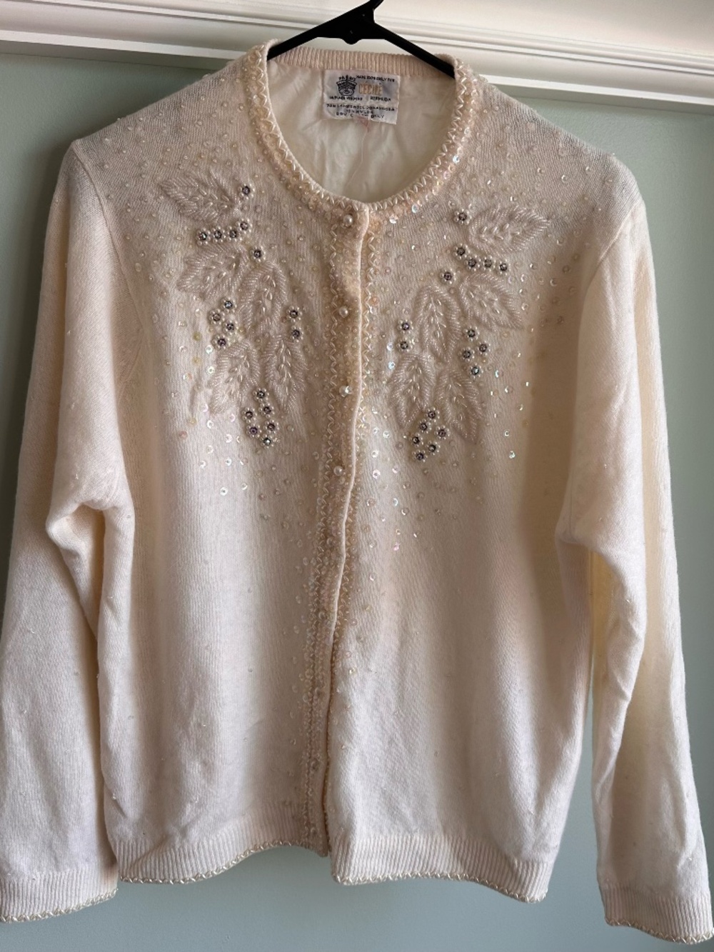 Cécile Bermuda Vintage Cream White Lambswool Angora Sequin Beaded Cardigan 42